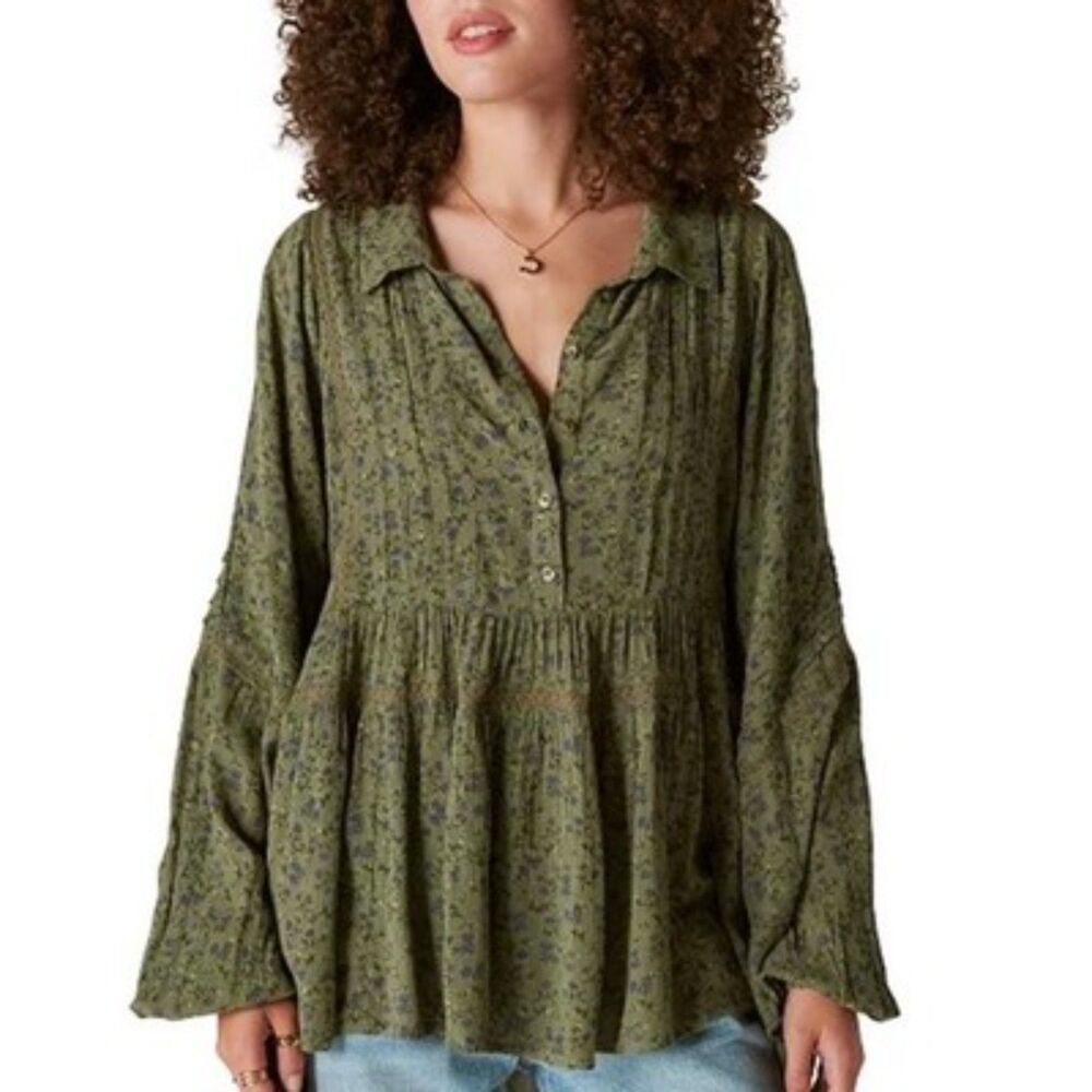 Lucky Brand Blouse Floral Print Boho Flowy Lace Trim Green Blouse Size Medium